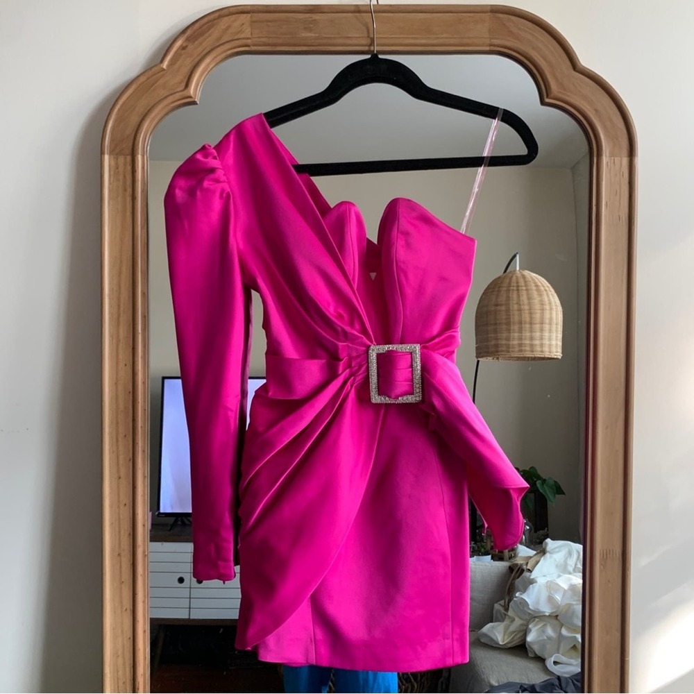 HOUSE OF CB Chiara Rhinestone Crystal Pink Asymmetric Draped Satin Mini Dress